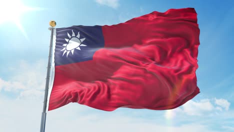 taiwan flag waving in the wind against deep blue sky. national theme, international concept. 3d render seamless loop 4k