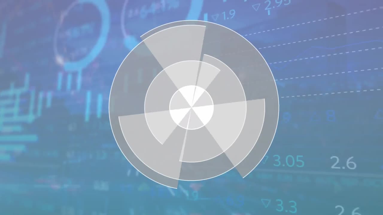 파란색 배경에서 통계 및 주식 시장 데이터 처리에 대한 둥근 스캐너의 애니메이션