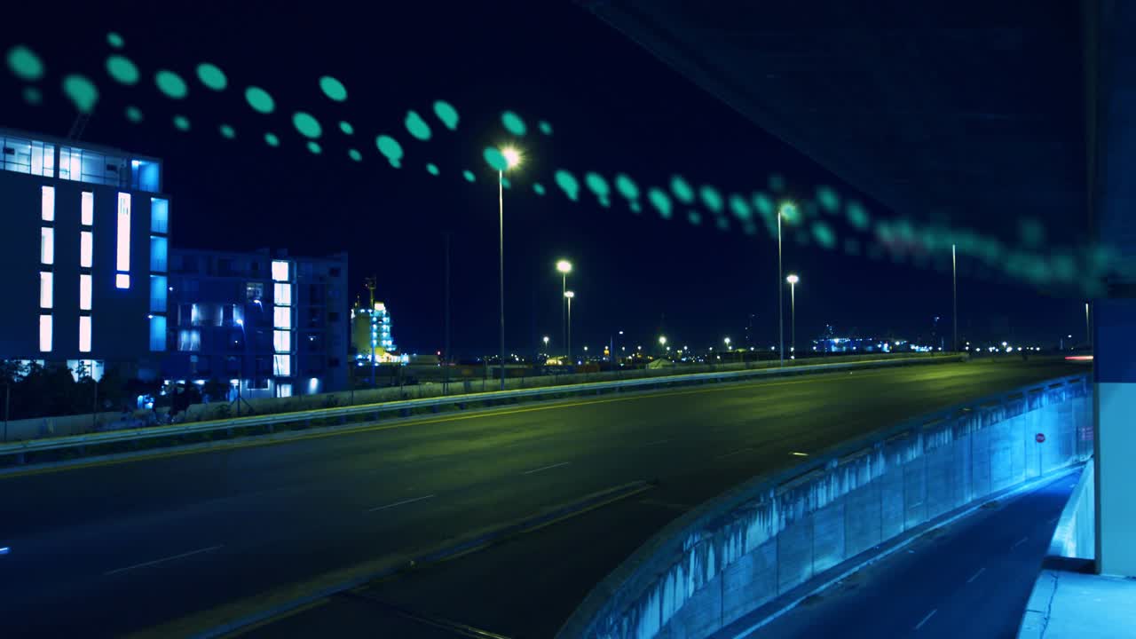 Road showing cars leaving red and white streaks, teal band initiating sweep, glyphs mapping traffic