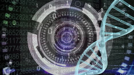 binary code coming towards on the screen with dna helix