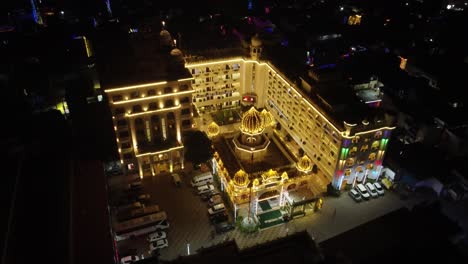 a drone shot of the famous gurdwara bal leela maini sangat in patna sahib suburb of patna, in a narrow lane close to takht sri harmandir sahib, marks the house where king fateh chand maini lived