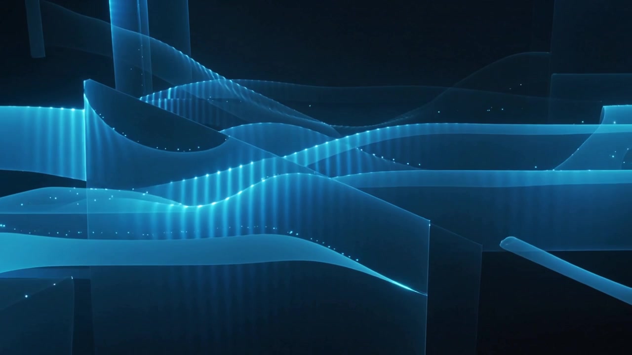 Animating blue ribbons, ribs on play in void, dots tracing crests, rod angling inward for depth