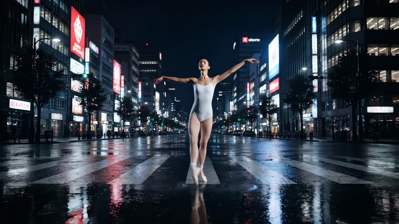 Ballerina dancing in the city street at night