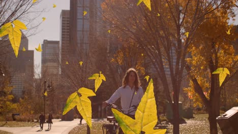 animation of leaves falling over caucasian man in park