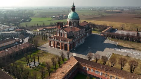 Aerial-revealing-shot-of-Santa-Maria-del-Fonte-Sanctuary-in-the-town-of-Caravaggio-in-Lombardy-Region-|-Italy