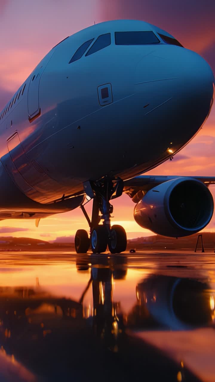 Vista Mozzafiato di un Aereo al Tramonto, che Mostra il Suo Design Elegante e il Riflesso su una Pista Bagnata Sotto un Cielo Vibrante Pieno dei Colori del Crepuscolo