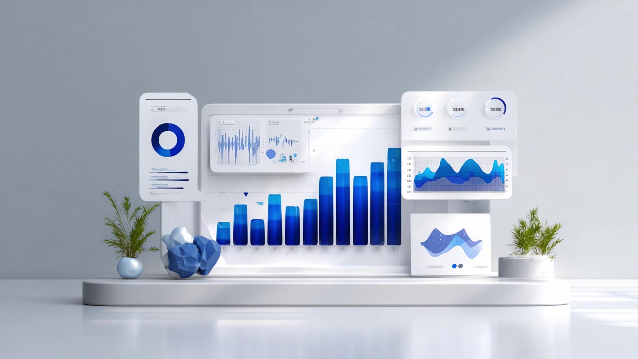 A Modern Data Visualization Dashboard with Interactive Graphs and Performance Metrics Displayed in Shades of Blue and White, Featuring Abstract Geometric Elements