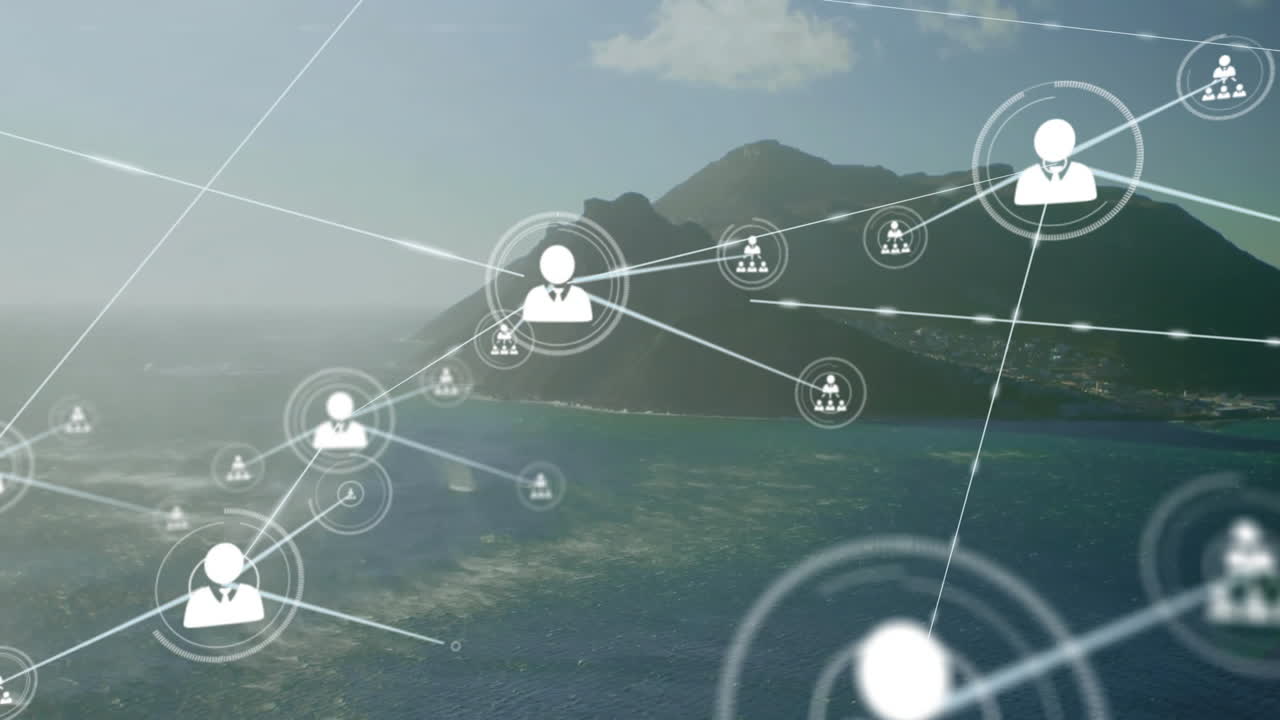 animación de la red de conexiones con iconos sobre el paisaje