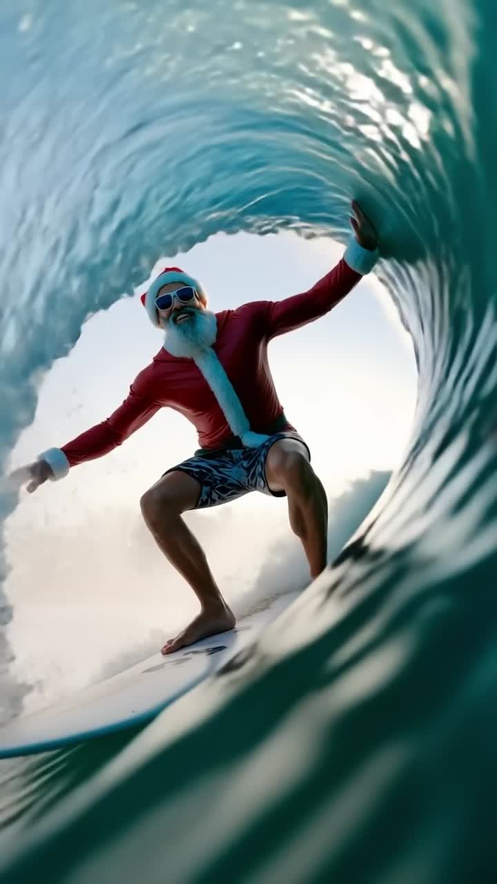 A man in a santa claus outfit riding a wave on a surfboard