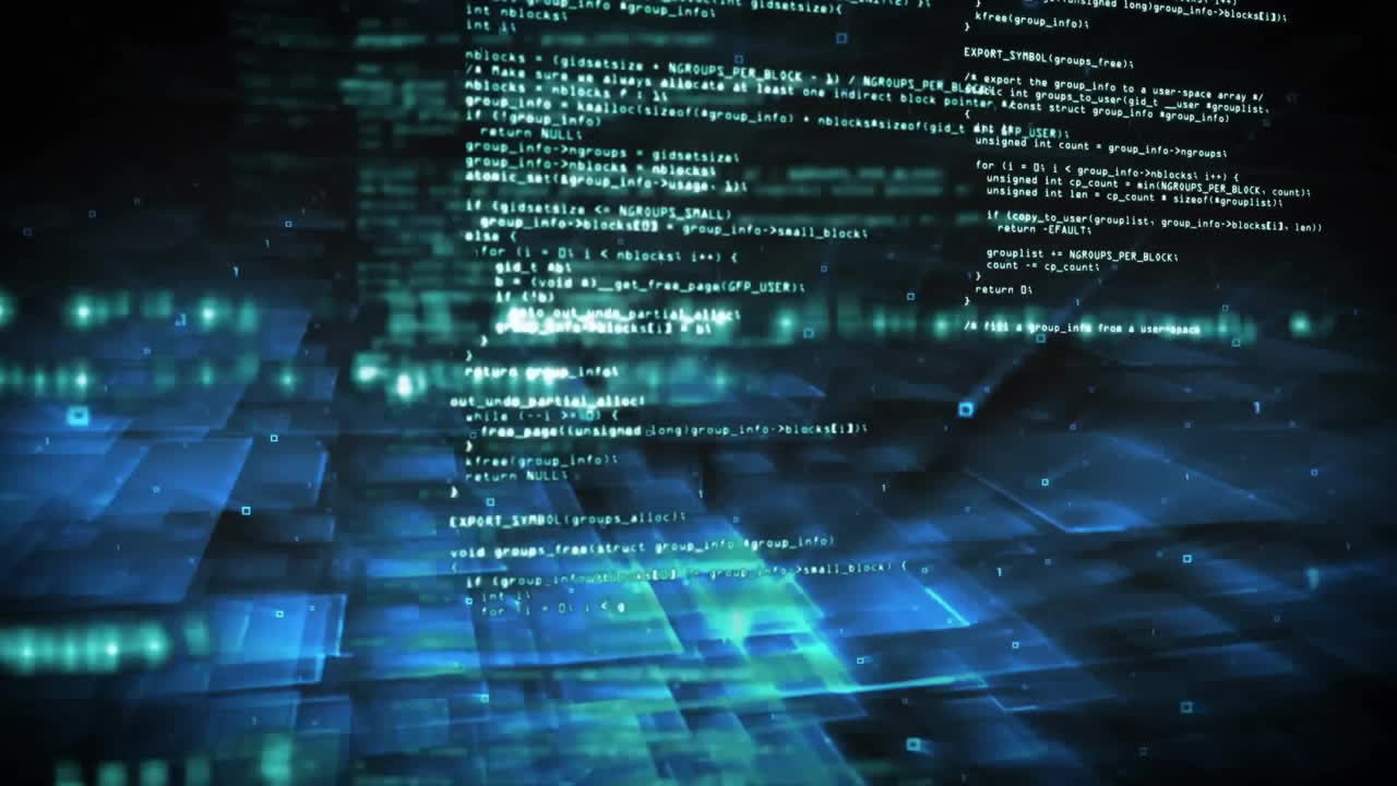 animación del procesamiento de datos digitales en pantallas azules sobre un fondo oscuro