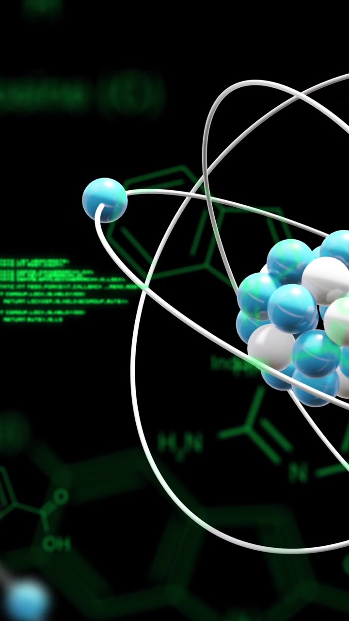 Animation of atom model spinning and data processing on black background
