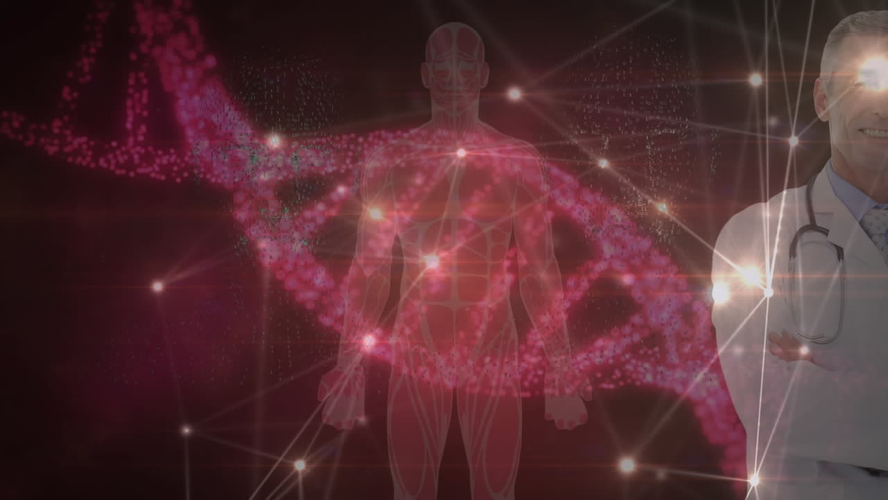 백인 남성 고위 남성 의사 미소 짓는 연결의 반 ⁇ 이는 네트워크의 애니메이션