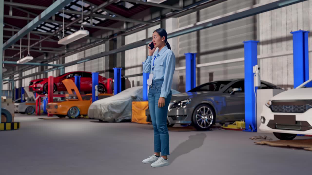 Vista lateral de corpo inteiro de uma mulher asiática em uma oficina de conserto de carros, ela está falando com alguém ao telefone