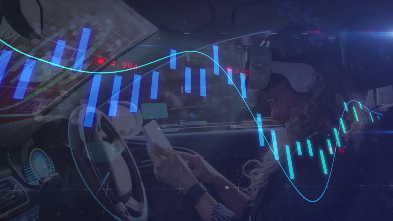 Woman holding smartphone and launching animated finance charts then donning VR headset for insight