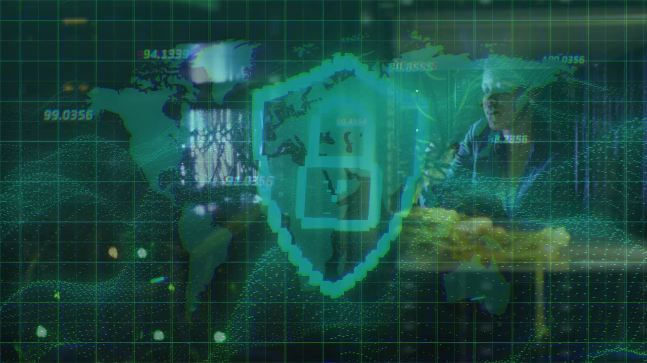 Typing on laptop, woman monitoring green map with glowing nodes and pulsing shield securing network