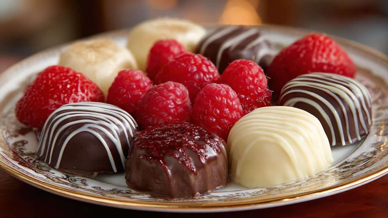 An Exquisite Assortment of Gourmet Chocolates and Fresh Raspberries Decoratively Presented on a Fine Porcelain Plate Delighting the Senses
