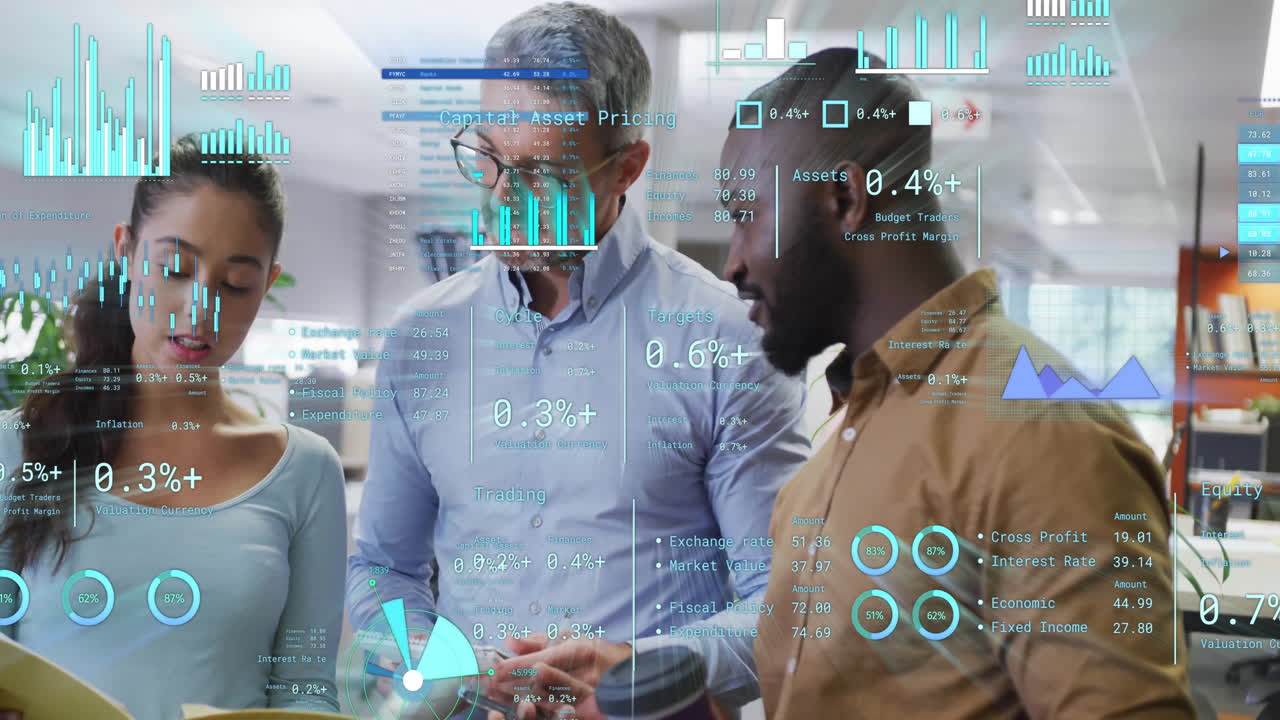 Animation of financial data processing over diverse business people in office