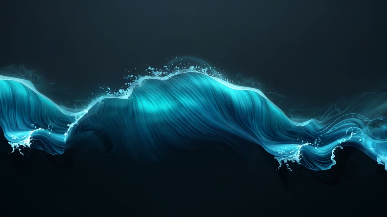 Forming crest, teal-blue ribbon flowing across dark canvas, spraying droplets, suggesting travel