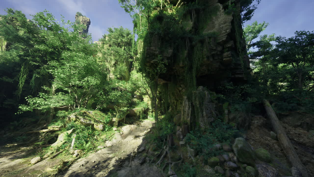 Lush green forest with towering cliffs and vibrant vegetation in sunlight