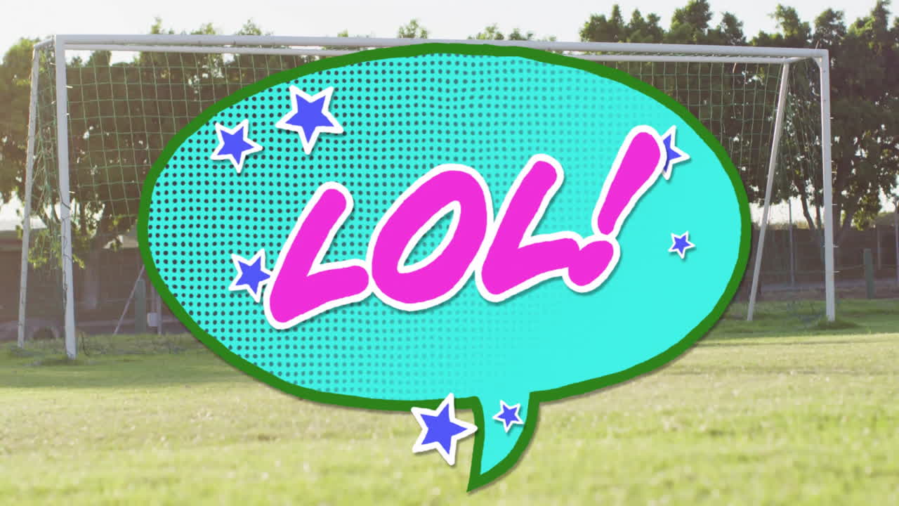 Animation of LOL! speech bubble with stars over soccer goal on grassy field