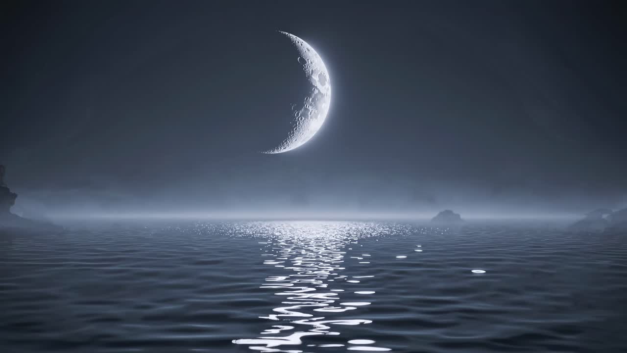 A serene video scene of a crescent moon reflecting on calm water