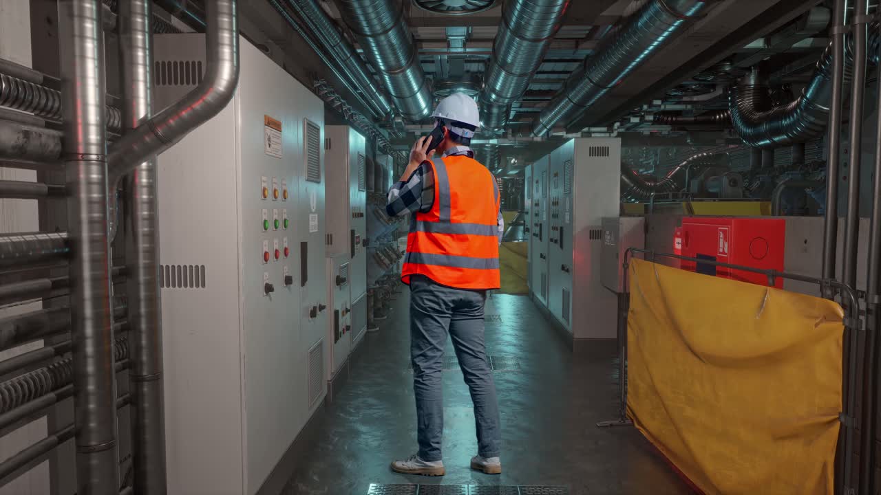 Full Body Back View Of Asian Male Engineer With Safety Helmet Talking On Smartphone While Standing In Engine Control Room, Work Of Electrical Generators
