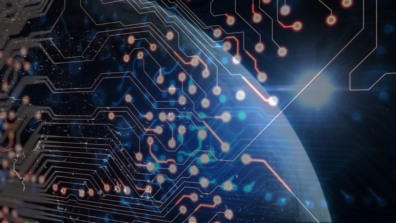 Glowing circuit board pattern with animation over cosmic background and light beam