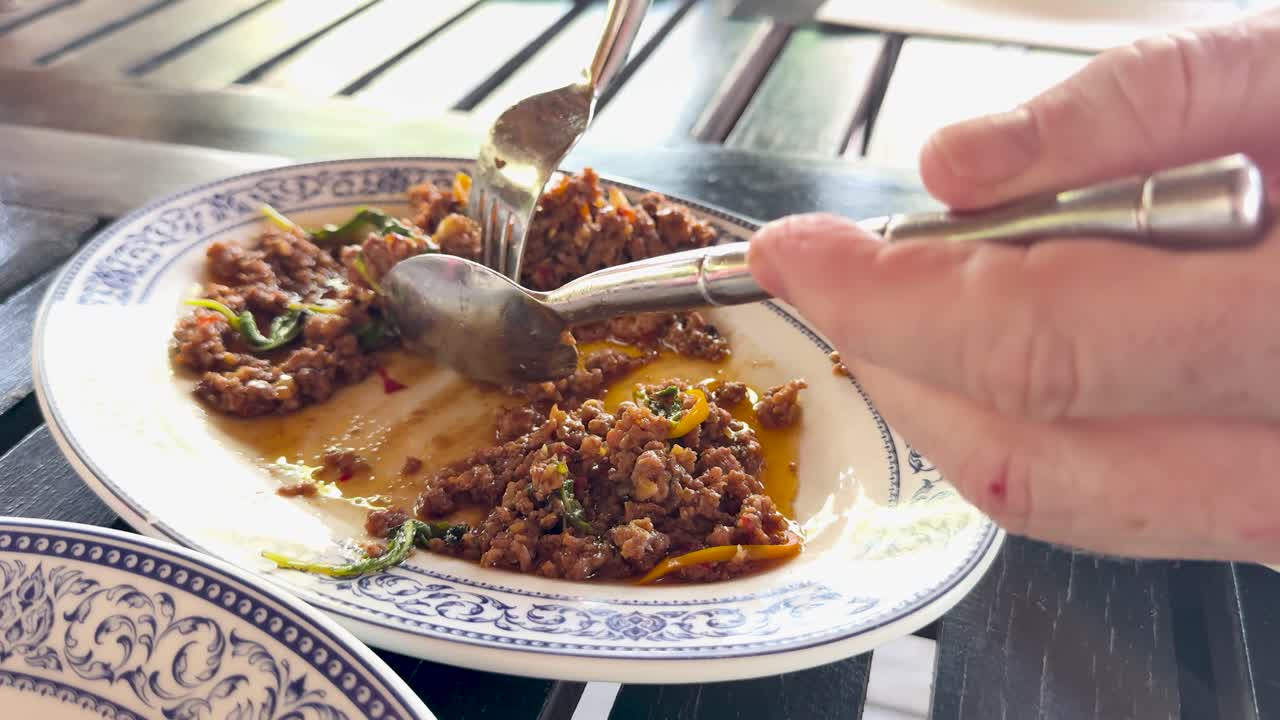 A close-up of minced chicken being eaten with a fork and spoon on a decorative plate in natural light