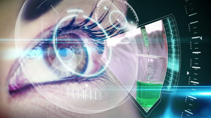 Eye looking at futuristic interface showing laboratory clips