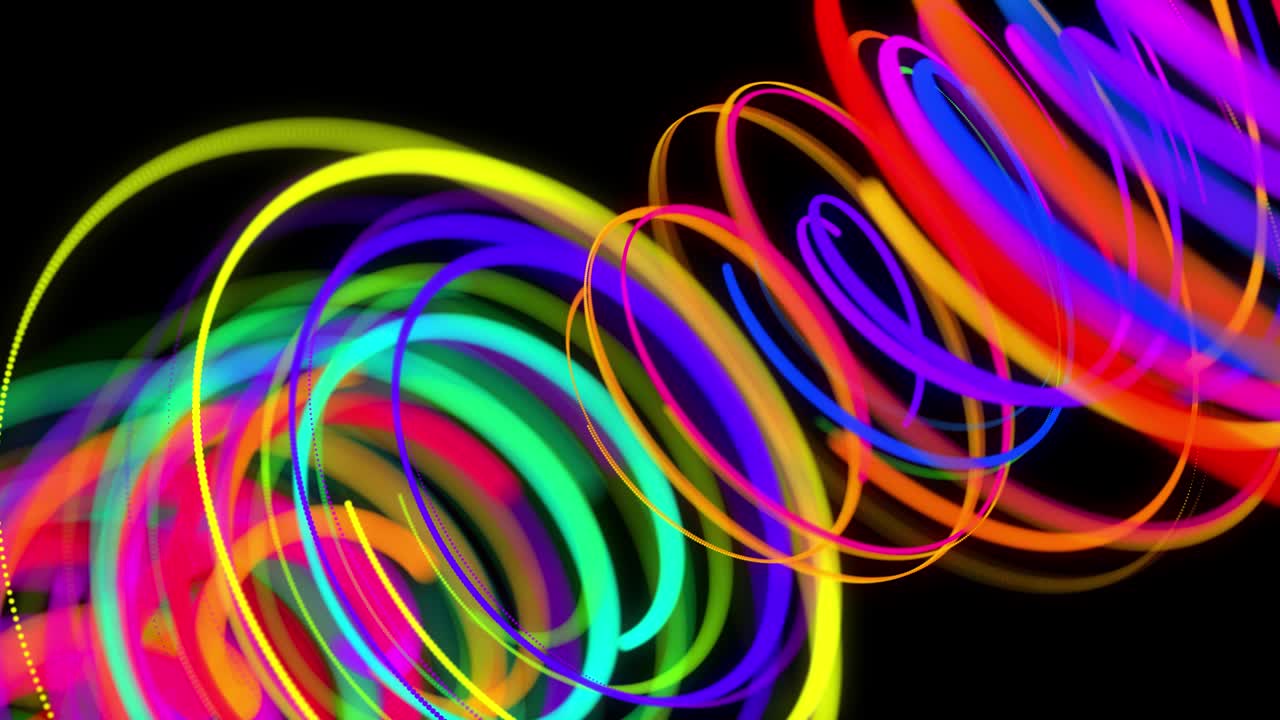 4k에서 세련된 창의적인 추상적인 배경: 회전하는 경로를 따라 회전하는 나선형으로 회전하는 색의 선; 모션 디자인: 선, 나선형 및 추상적인 구조를 형성하는 입자의 bg; 3d 렌더링