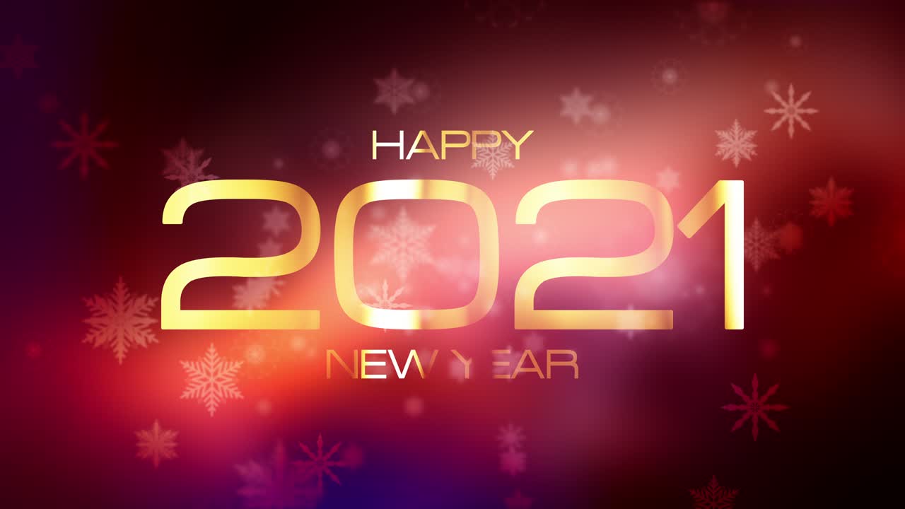 Happy new year 2021festive background concept. 4K 3D Beautiful Falling Snowflake Happy New Year magical flare light leak. The Happy New Year 2021 golden shining text on blurry blinking winter light.
