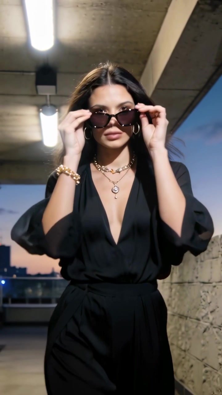 Vídeo vertical: Persianas baixando enquanto a lente se aproxima, mulher de blusa andando no telhado