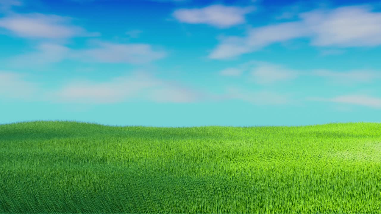 animación de bucle sin fisuras del viento balanceando la hierba verde contra un cielo azul nublado. render 3d. 4k