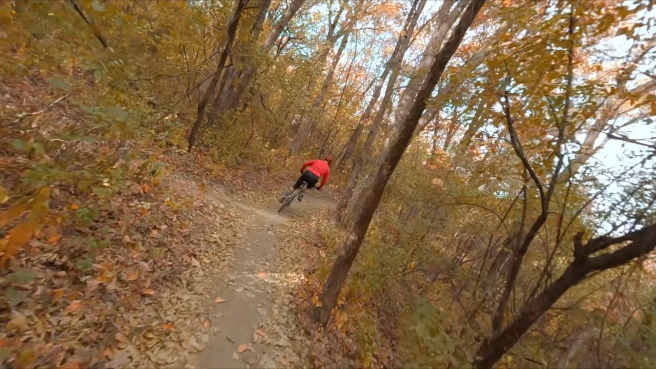 fpv drone siguiendo a un ciclista de montaña a través del camino de tierra del bosque durante la temporada de otoño