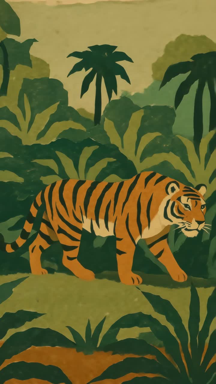 Illustrated tiger in a lush jungle setting, viewed from the side