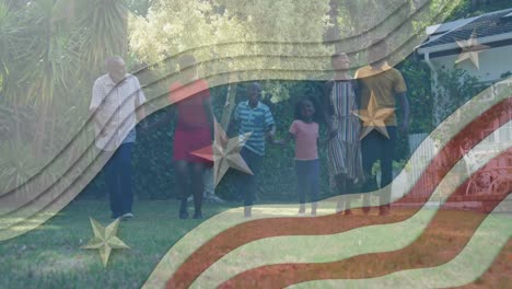 Animation-of-flag-of-united-states-of-america-waving-over-smiling-african-american-family