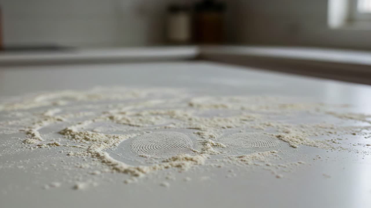 Exploring Culinary Creativity: Flour Patterns and Textures on a Kitchen Surface Captured in Two Frames