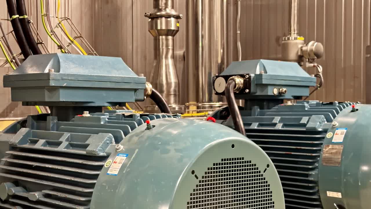 Primo piano di un grande motore elettrico e un sistema di pompaggio con tubazioni in acciaio inossidabile in un locale tecnico, macchinari di impianto industriale in funzione per l'ingegneria, la manutenzione e l'infrastruttura energetica.