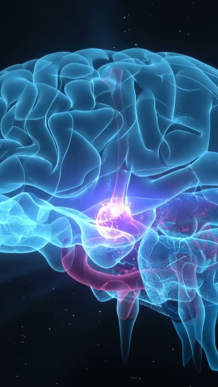 Vertical video: Brightening magenta node causing cyan brain pulsing and tract rising in starry void