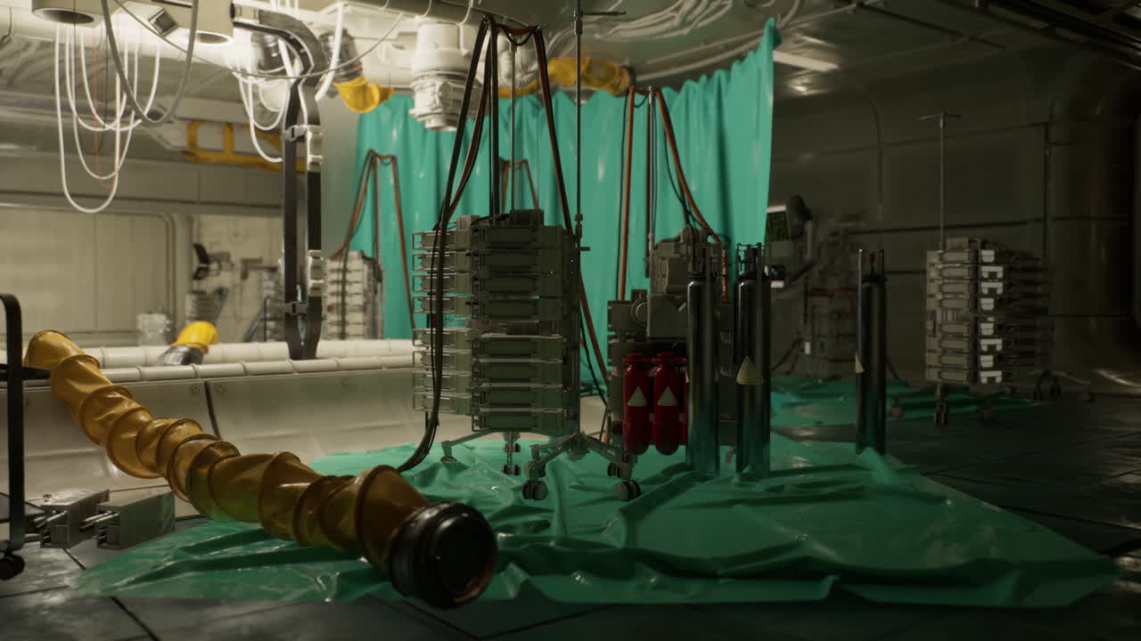 A high tech lab with equipment and green curtains at night