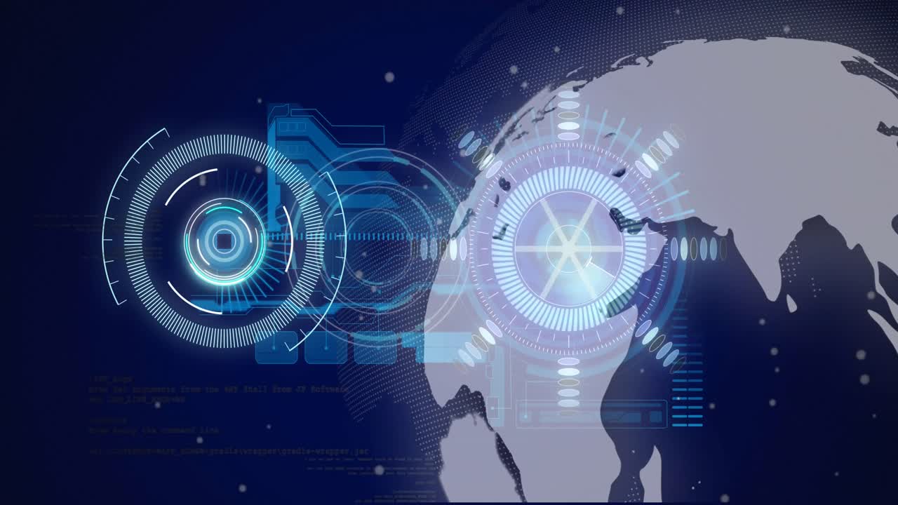 Animation of globe, processing circles and data on navy background