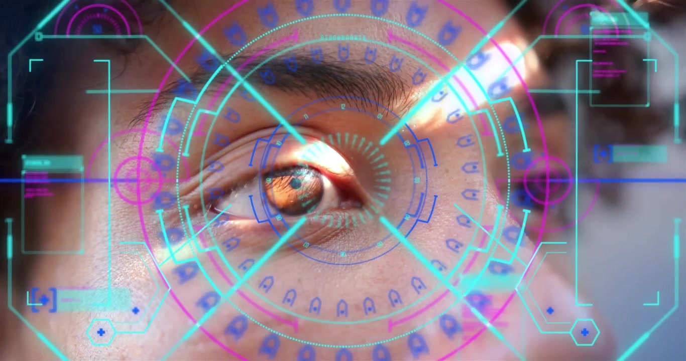 Male eye making tiny glances activating AR aligning reticle rotating rings scanning iris for access
