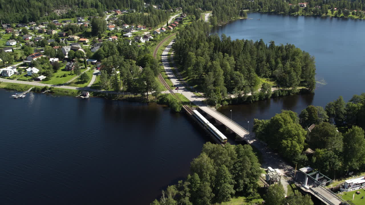 Scenic aerial view of Dals Långed village, Sweden, with trees and a bridge over the water