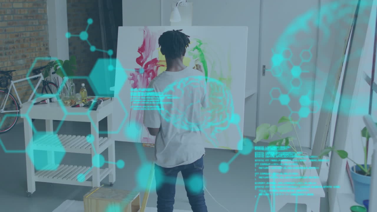 Digital brain and neural network animation over artist painting in studio