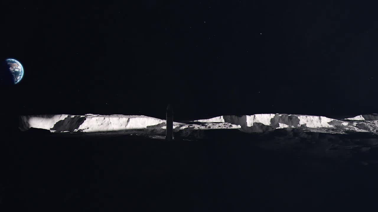 달 표면에서 뜨는 태양은 지구를 배경으로 한 우주 로켓을 드러니다.