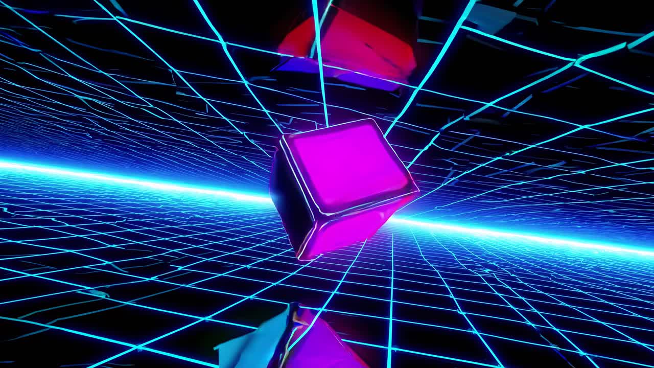 Griglia Retro Cyberpunk con Cubi Luminosi