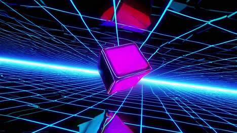 cuadrícula cyberpunk retro con cubos brillantes