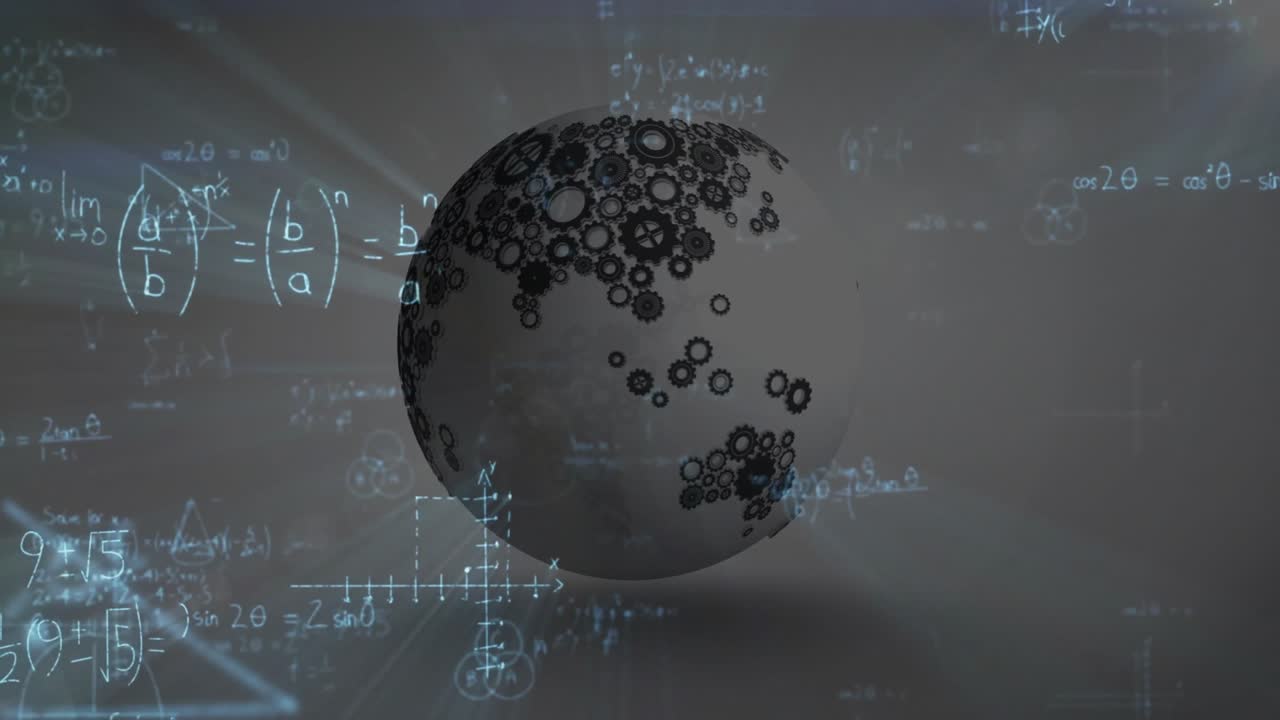 Appearing gear-patterned sphere rotating as equations drifting around to illustrate math concepts