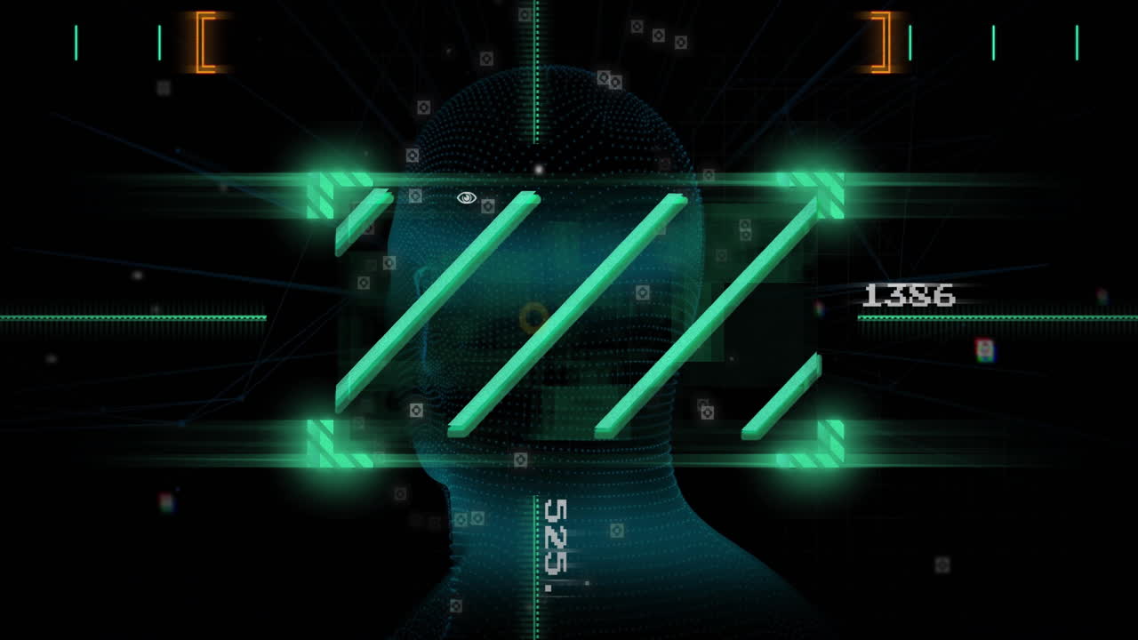 인간의 머리 위에서 디지털 데이터 처리의 애니메이션