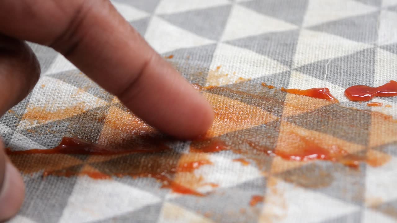 Dito che spalma ketchup su una superficie di tessuto a fantasia